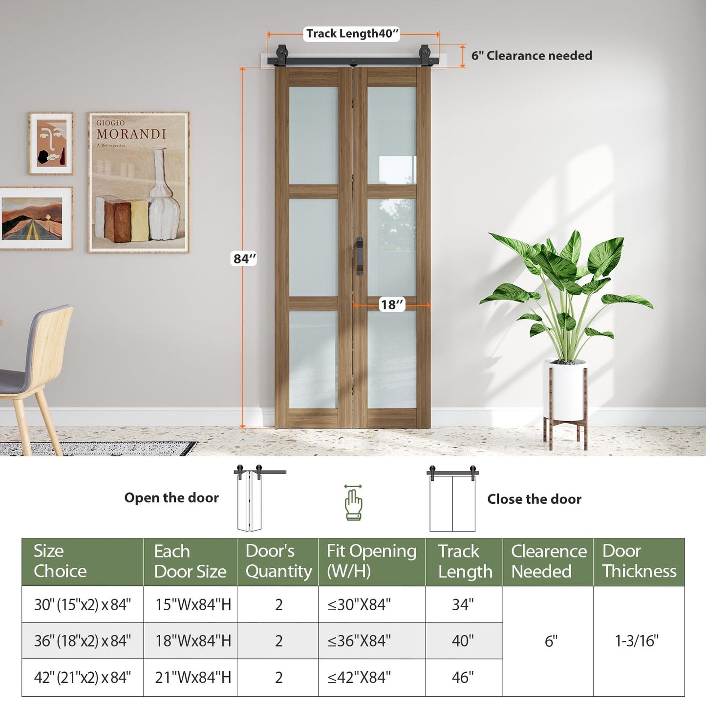 FREDBECK Bifold Barn Door 36X84(Double 18x84),3 Panels Glass with Hardware Kit Included, Modren,Water-Proof PVC Surface for Bathroom,Assembly Required