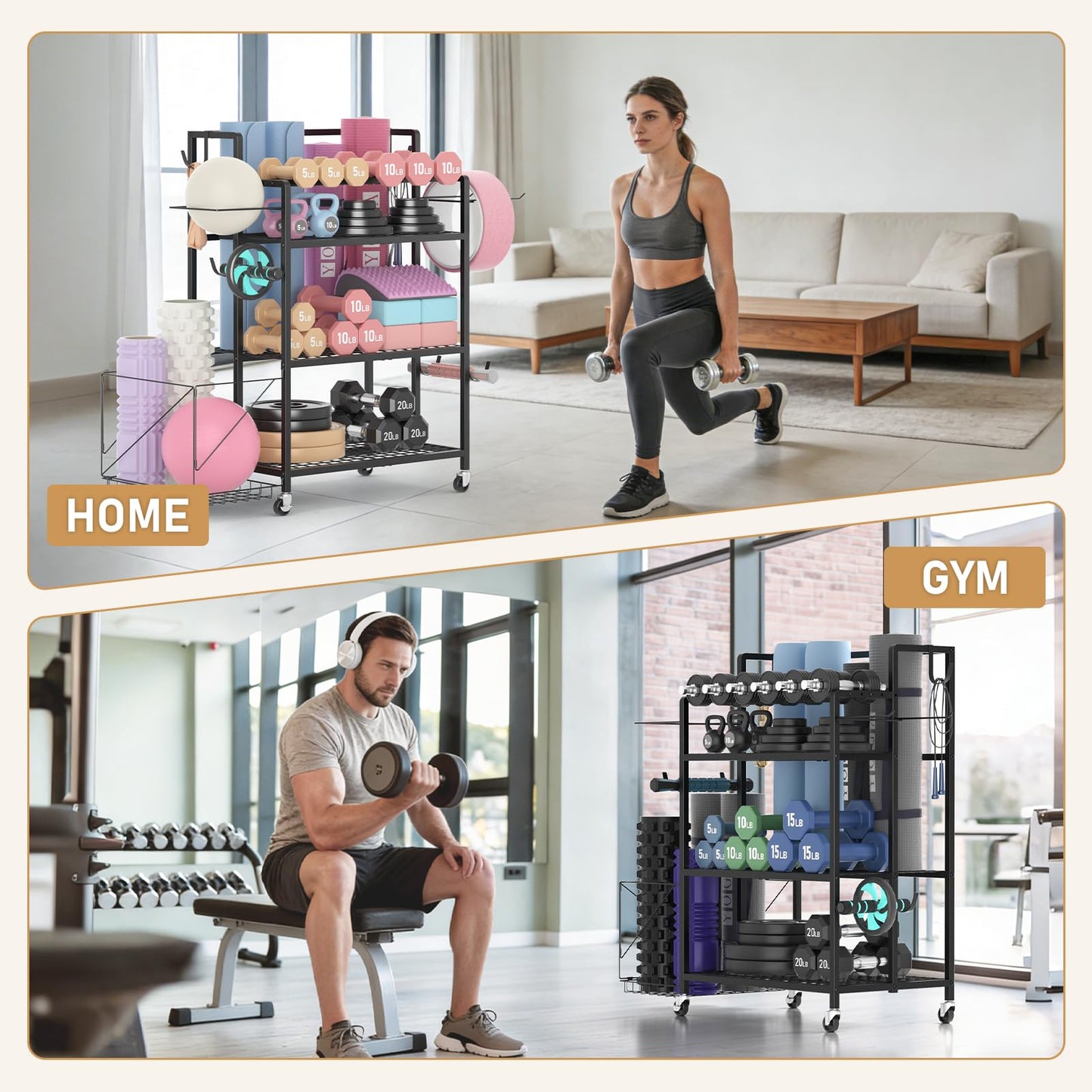 GloCryp Home Gym Storage Rack, Multi-functional Workout Equipment Storage for Dumbbells, Kettlebells & Yoga Mats, Heavy Duty Weight Rack for Home Garage Gym, Rolling Fitness Equipment Organizer with Hook