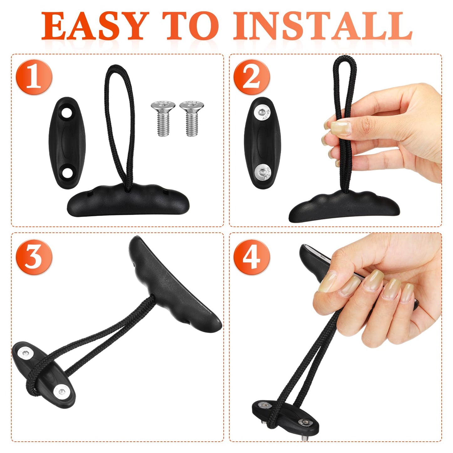 Relaxgiant 4 Pieces Kayak Handles Kit Canoe Carry Handle Pull Handle T Handle with Cord and Pad Eyes Screws for Kayak Emotion Kayaks Luggage Kayak Replacement Installation Kit(Black)