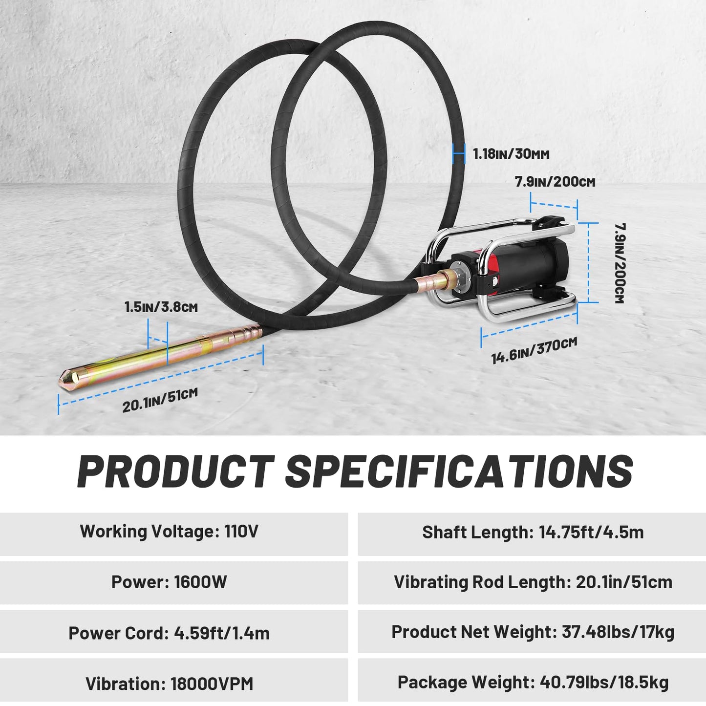 YJINGRUI Power Concrete Vibrators 1600W 16,000 RPM, Portable Electric Construction Vibrator with 4.5m (14-3/4ft) Flexible Shaft for Commercial Grade Bubble Removal