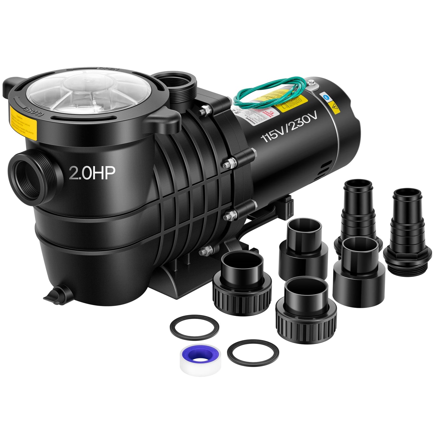 VIVOHOME 2.0HP Pool Pump - 115V/230V Self-Priming Motor - In/Above Ground - 6800GPH Energy Efficient - 1.5", 2", and 1.25"-1.5" Connectors w/Strainer Basket
