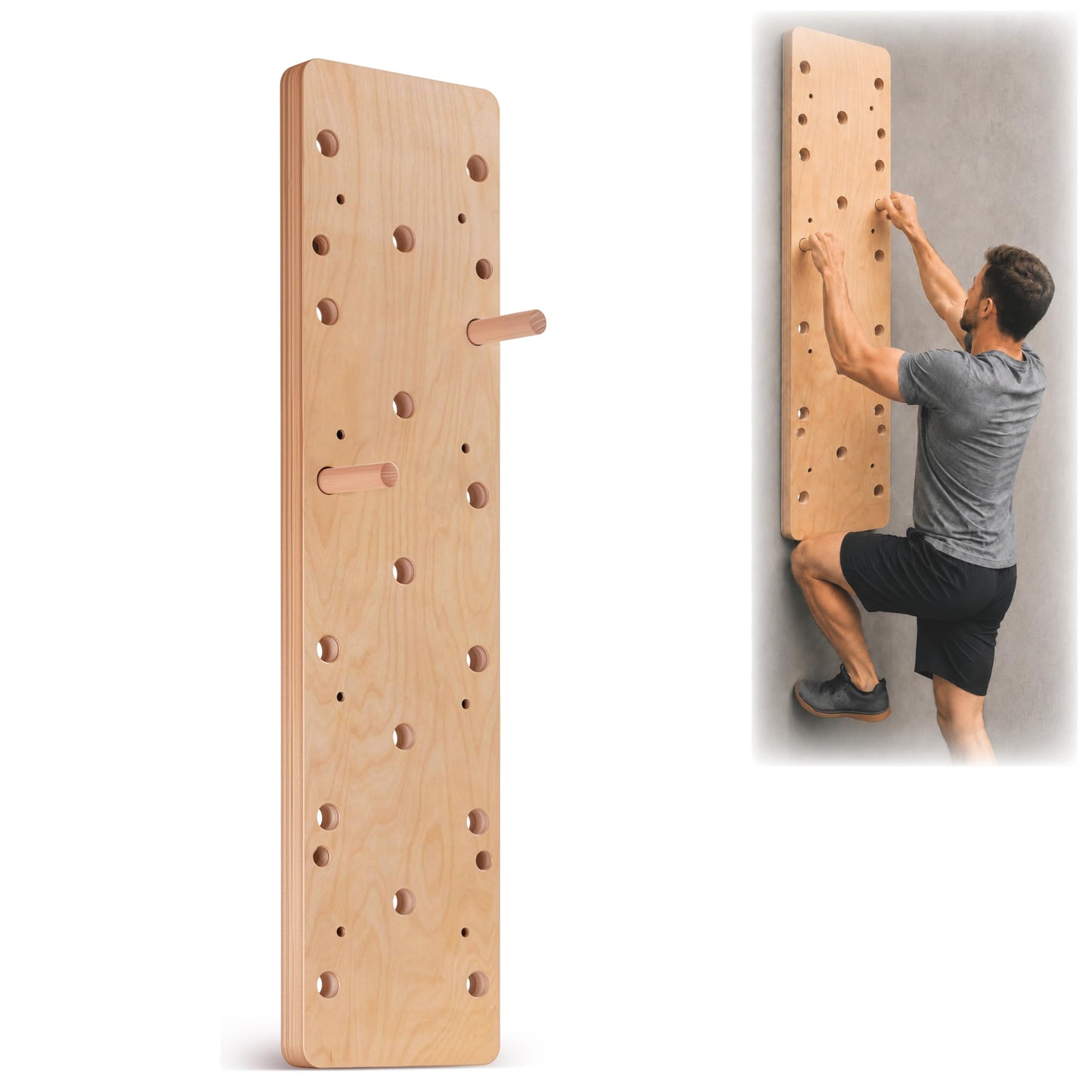 ironvib Extra-Thick Birch Climbing Peg Board for Wall Mounting, Heavy-Duty Wooden Climbing Board with Beech Grips & Rock Climbing Hold Inserts for Indoor Home Gym