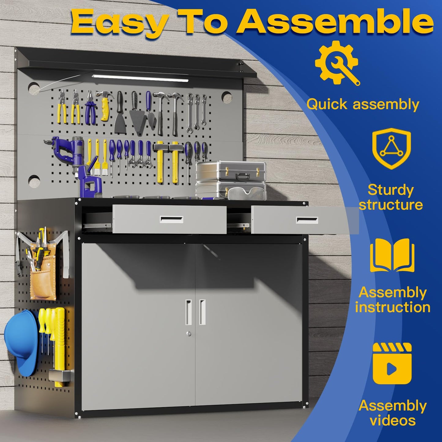 Eltean 48" Work Bench,Heavy Duty 2500 LBS Capacity Workbench with Drawers and Storage,Work Table with Light & Pegboard,Work Benches for Garage