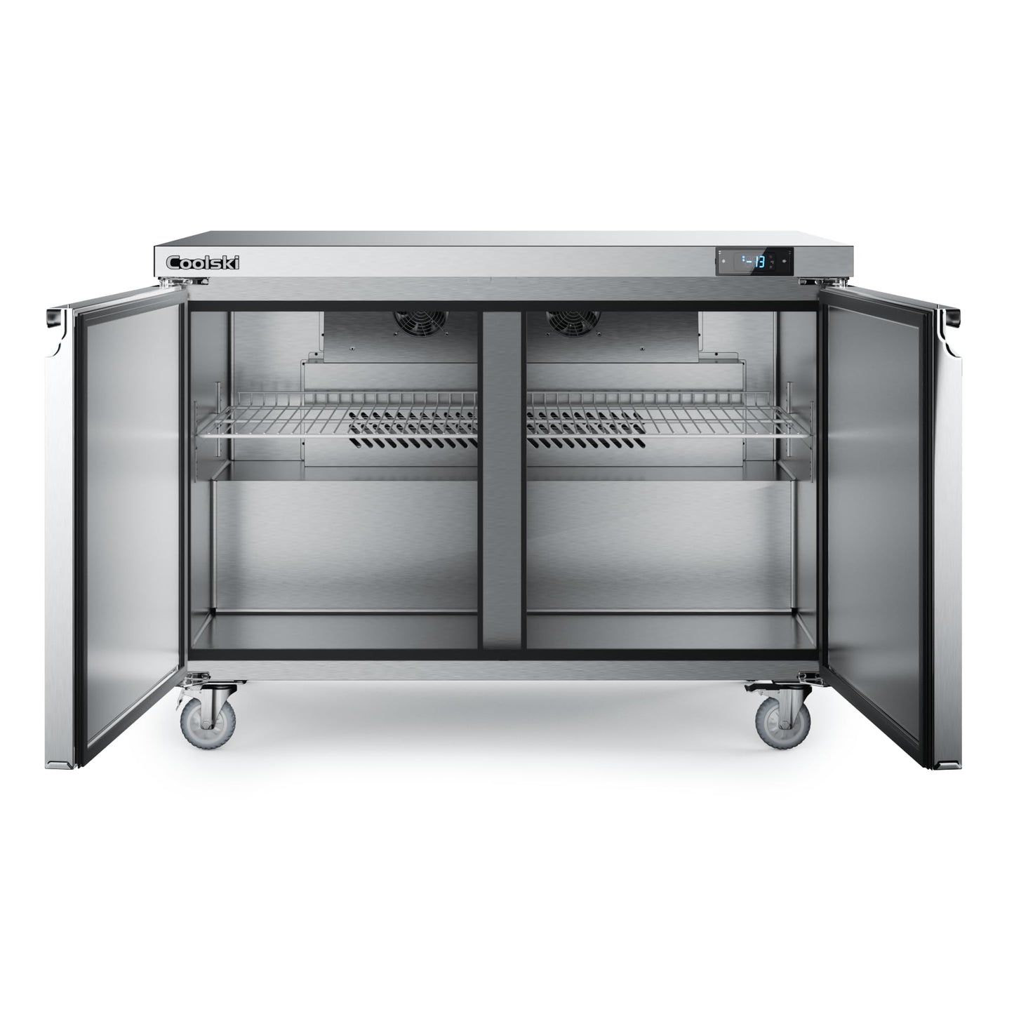 Coolski 48”W Commercial Freezer Undercounter Worktop, 13.4 Cu.ft. Stainless Steel Worktop Food Prep Freezer, -13℉to -5℉, Double Door 2 Shelves Fridge for Restaurant/Bar/Diner/Kitchen Use