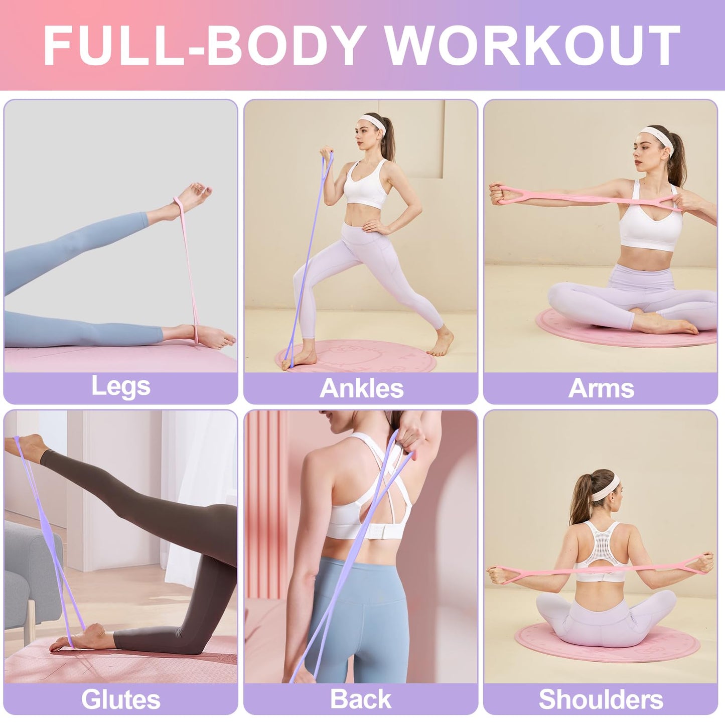 PolaZIA Figure 8 Resistance Band: Resistance Bands with Handles for Working Out - 8 Shaped Resistance Bands for Women - Exercise Bands for Arms - Fullbody Yoga Pulling Rope (15lbs Pink+25lbs Purple)