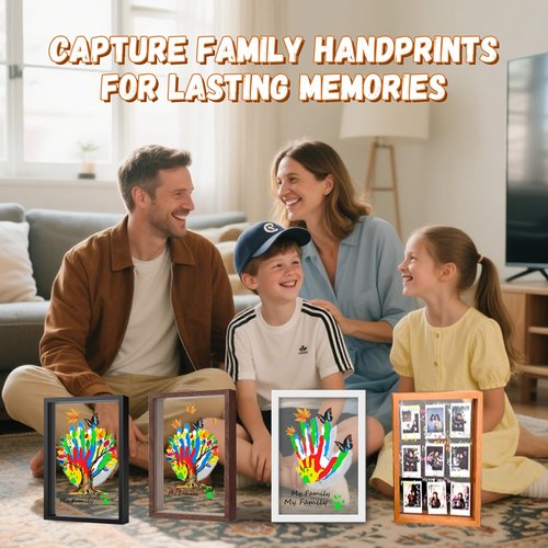 Family Handprint & Hand Casting Kit – DIY Craft Keepsake with Wooden Frame, Non-Toxic Paints, Baby Footprin Kit – Perfect Gifts for Grandparents, New Parents & Families (White, 4 Transparent Sheets)