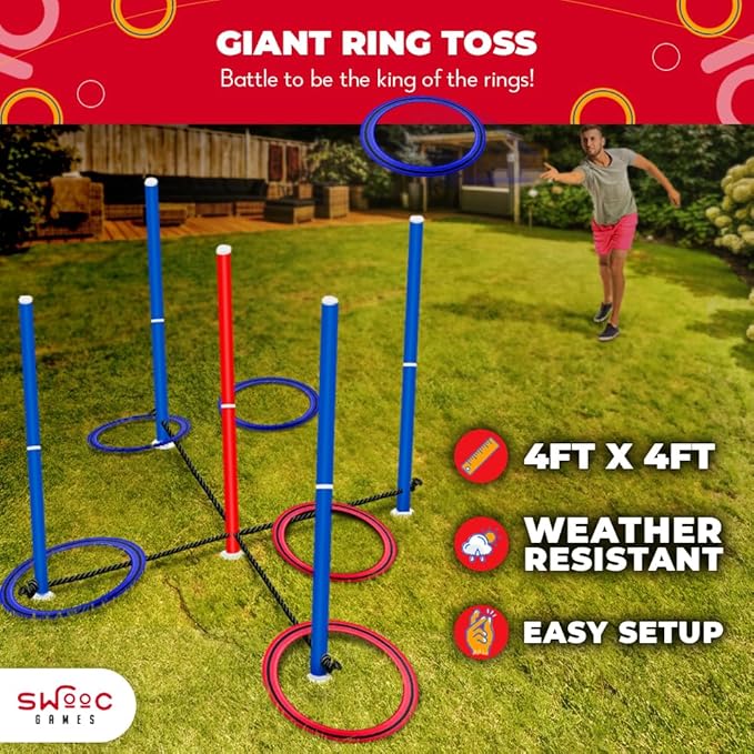 SWOOC Games - King Toss™ | Giant Ring Toss Game for Kids and Adults (4ft x 4ft) | Weatherproof Giant Outdoor Games for Adults and Family | Backyard Activities | Outside Yard & Lawn Game | Beach Fun