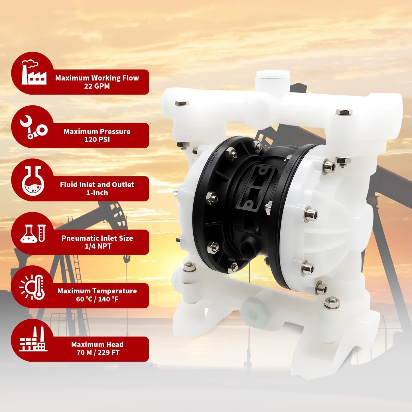 Nakkaa Pneumatic Double Diaphragm Pump PTFE 22GPM Transfer Pump 1" In/Out Max 120PSI, Used to Transport Various Low Viscosity Liquids Such as Hydraulic Fluid, diesel, coating,etc