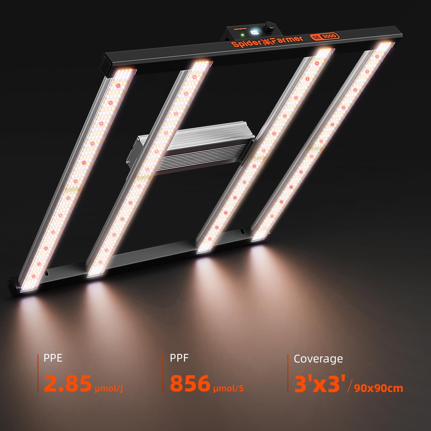 Spider Farmer SE3000 LED Grow Light, 300W Dimmable Full Spectrum, 3x3ft Coverage, App Control & Dimming Daisy Chain Bar Style Grow Lamp for Indoor Plants
