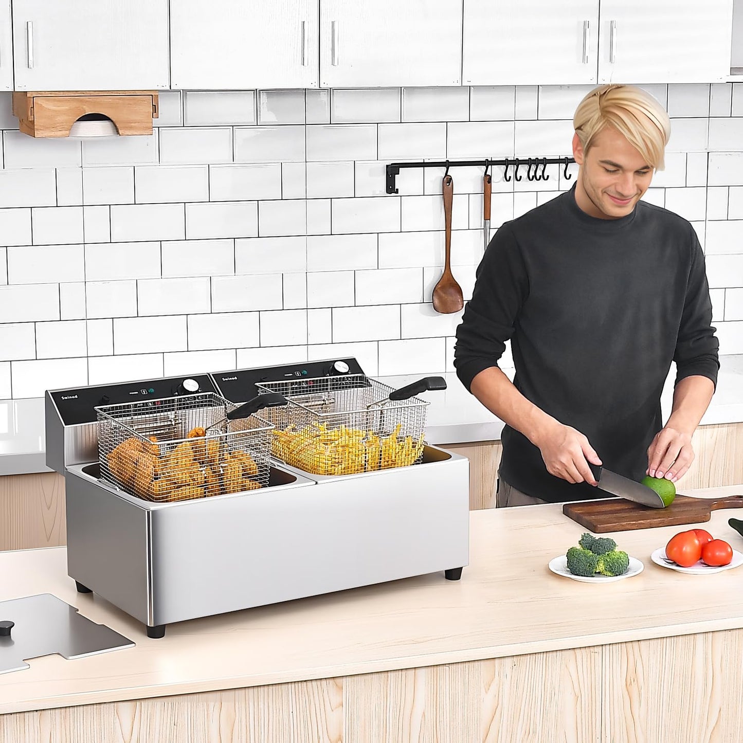 Commercial Deep Fryer with Basket, 3400w Dual 20Qt 0.6mm Thickened Stainless Steel Countertop Electric Fryer for Home and Commercial Use, Oil Fryer with Double Overheat Protection