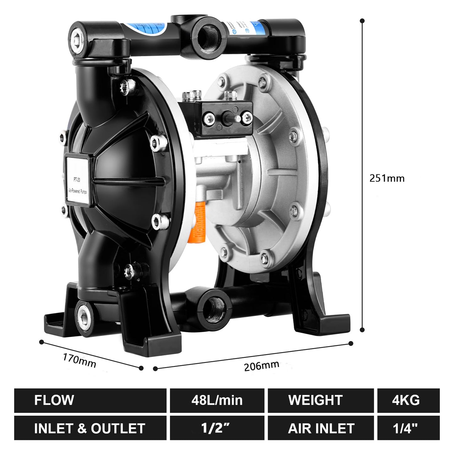 Air-Operated Diaphragm Pump Pneumatic Dual Waste Oil Transfer Pump PTFE Diaphragm by Aluminum Alloy 1/2" Fluid Inlet & Outlet, 1/4" Air Inlet (48L/min)