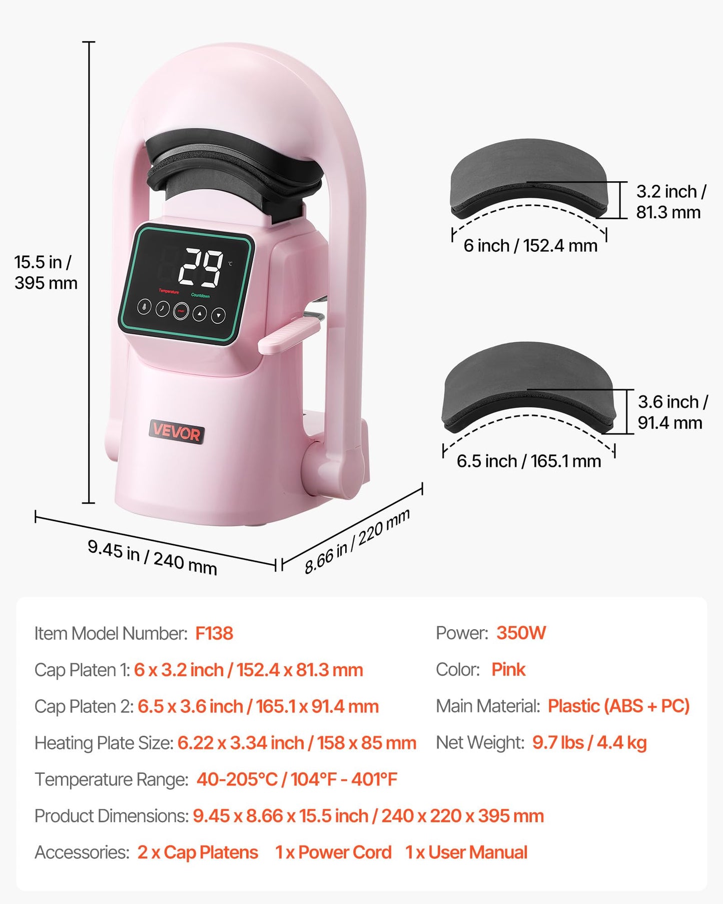 VEVOR Auto Hat Heat Press Machine, with 2pcs Interchangeable Platens, Automatic Open and Release, Touchscreen for Precise Time and Temperature Control, Heat Transfer Printing for Caps, Hats, Pink