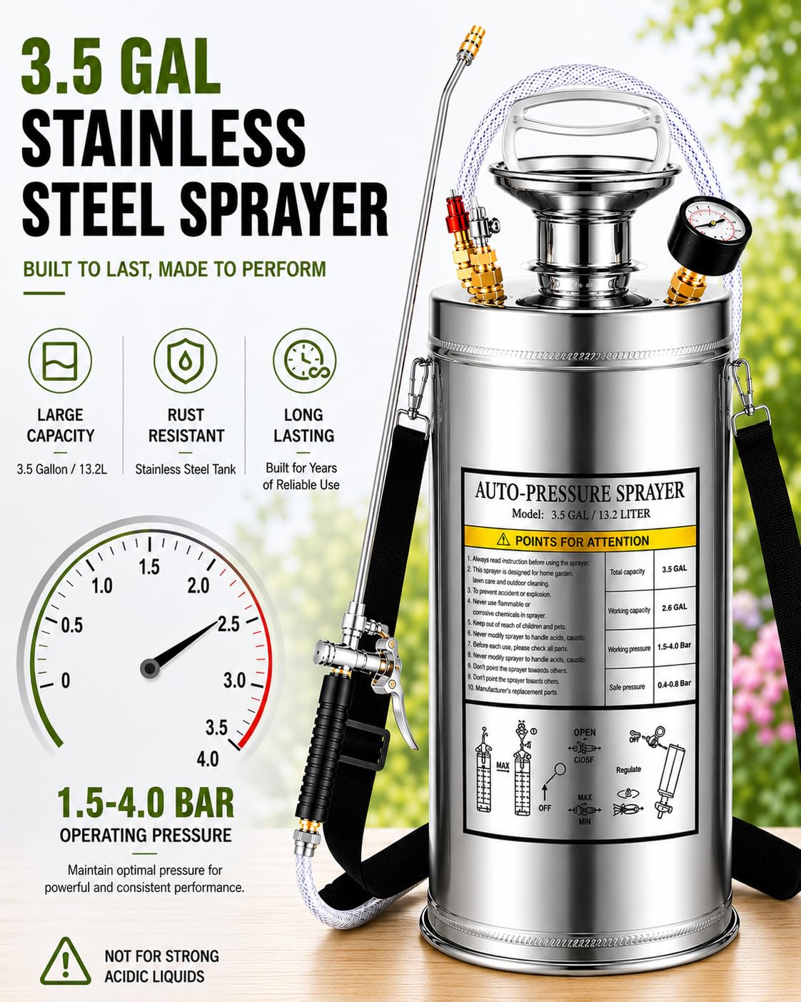 3.5 Gallon Stainless Steel Sprayer, Hand Metal Pump Up Sprayer Reinforced Hose with Pressure Gauge, Safety Valve & Adjustable Nozzle, Garden Weed Sprayers for Lawn, Gardening, Sanitizing