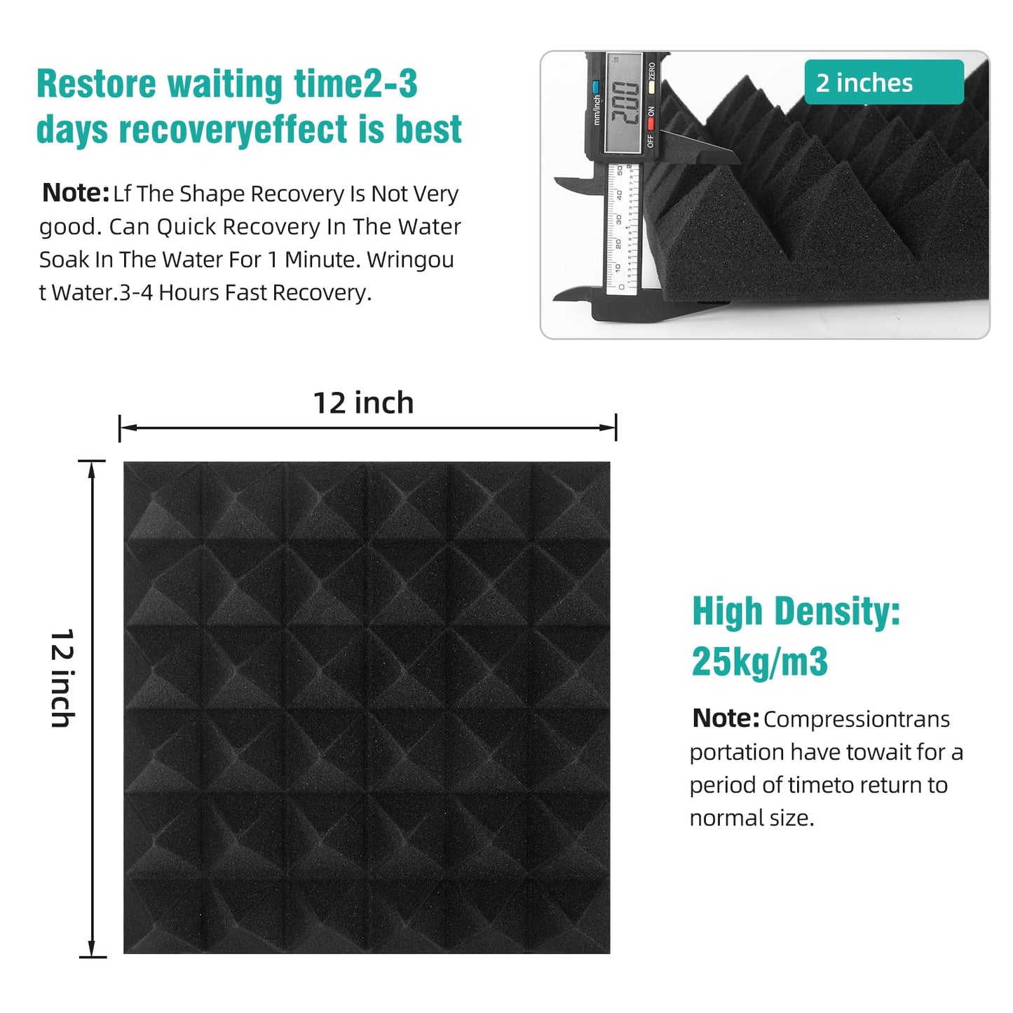 50 Pack Acoustic Foam Panels, 2 X 12 X 12 Inches Pyramid Designed Sound Proof Foam Panels for Walls, High Density and Fire Resistant Sound Panels, Studio Foam for Wall and Ceiling (Black, 50 Pack)