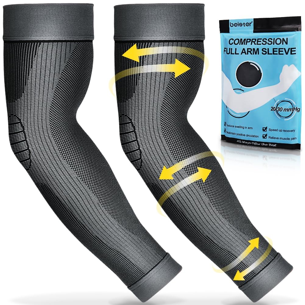 beister Sports Compression Arm Sleeves for Men & Women (Pair), Full Arm Supports Protection, Non-Slip Breathable Arm & Elbow Braces for Arthritis, Lymphedema, Bursitis, Workout