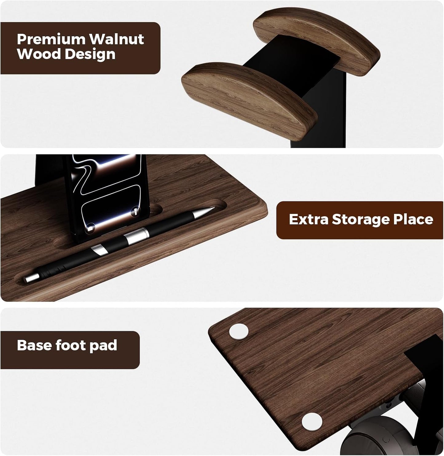 DEMEGA Headset Walnut Stand for Desk with Phone Holder | Headphone Stand Headphone Holder (Dark Walnut)
