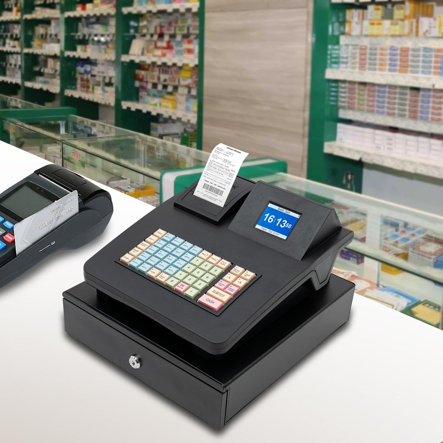 Cash Register for Small Businesses & Restaurant, Electonric caja registradora w/Cash Drawer, 200Dept/1000Items/200Tables/30Tastes/50Clerks/15Reports,Supports Scanner Scale Printer(Black)