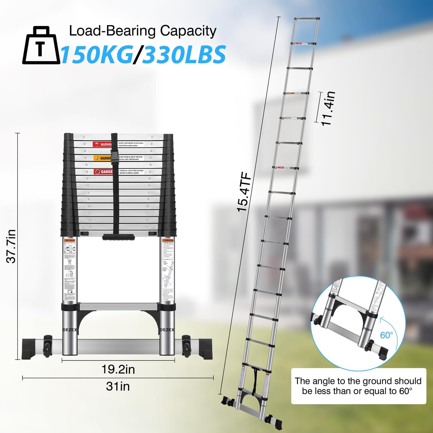 DEZEX 15.5 FT Telescoping Ladders Stainless Steel - One-Button Retraction Collapsible Ladder for Home, RV, Loft, Extension Ladder with 2 Triangle Stabilizers & Balance Bar & Wheels Lasts 330 LBS