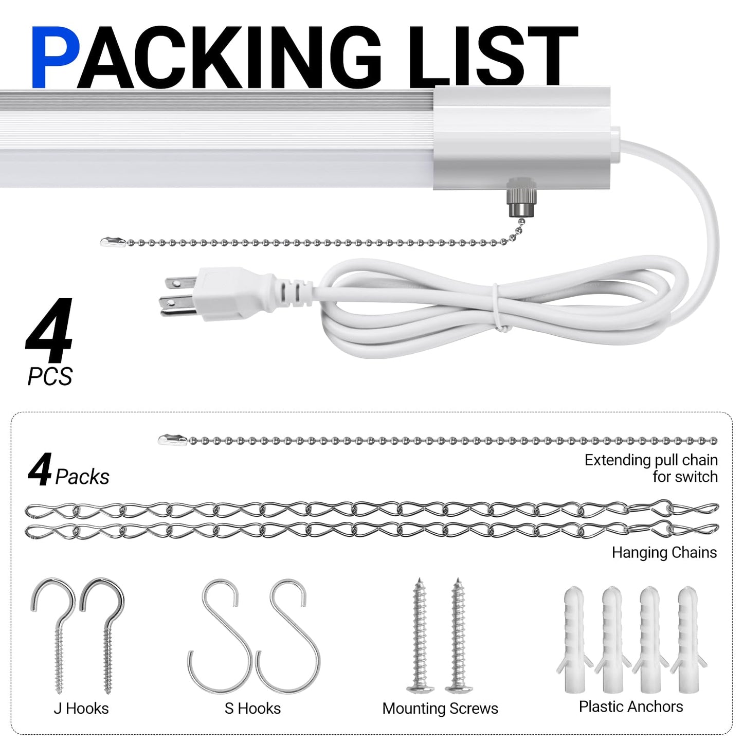Barrina BS84 LED Shop Lights for Workshop 4FT, 84W, 10000LM, 5000K Linkable Light Fixture for Garage, Basement, Hanging or Flush Mount, 4 Packs, White
