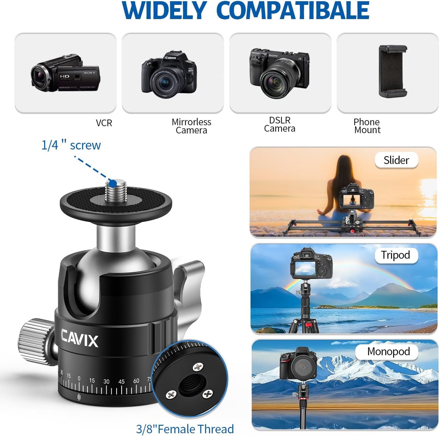 CAVIX MT-03 11 lbs/5 Camera Panoramic Tripod Head Small Ball Head with Arca Swiss Quick Release Plate Bubble Level Load