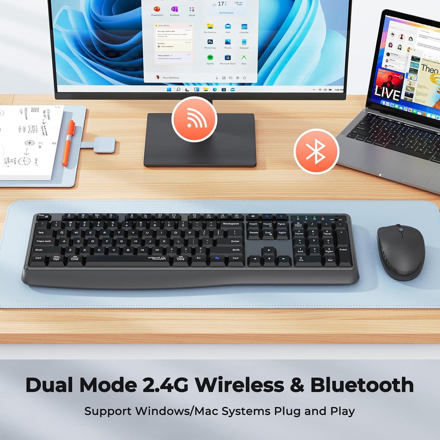 Meetion Gamer 2.4G/Bluetooth 3800 Set Wireless Keyboard and Mouse Combo, Silent Full-Size Cordless Keyboard Mouse