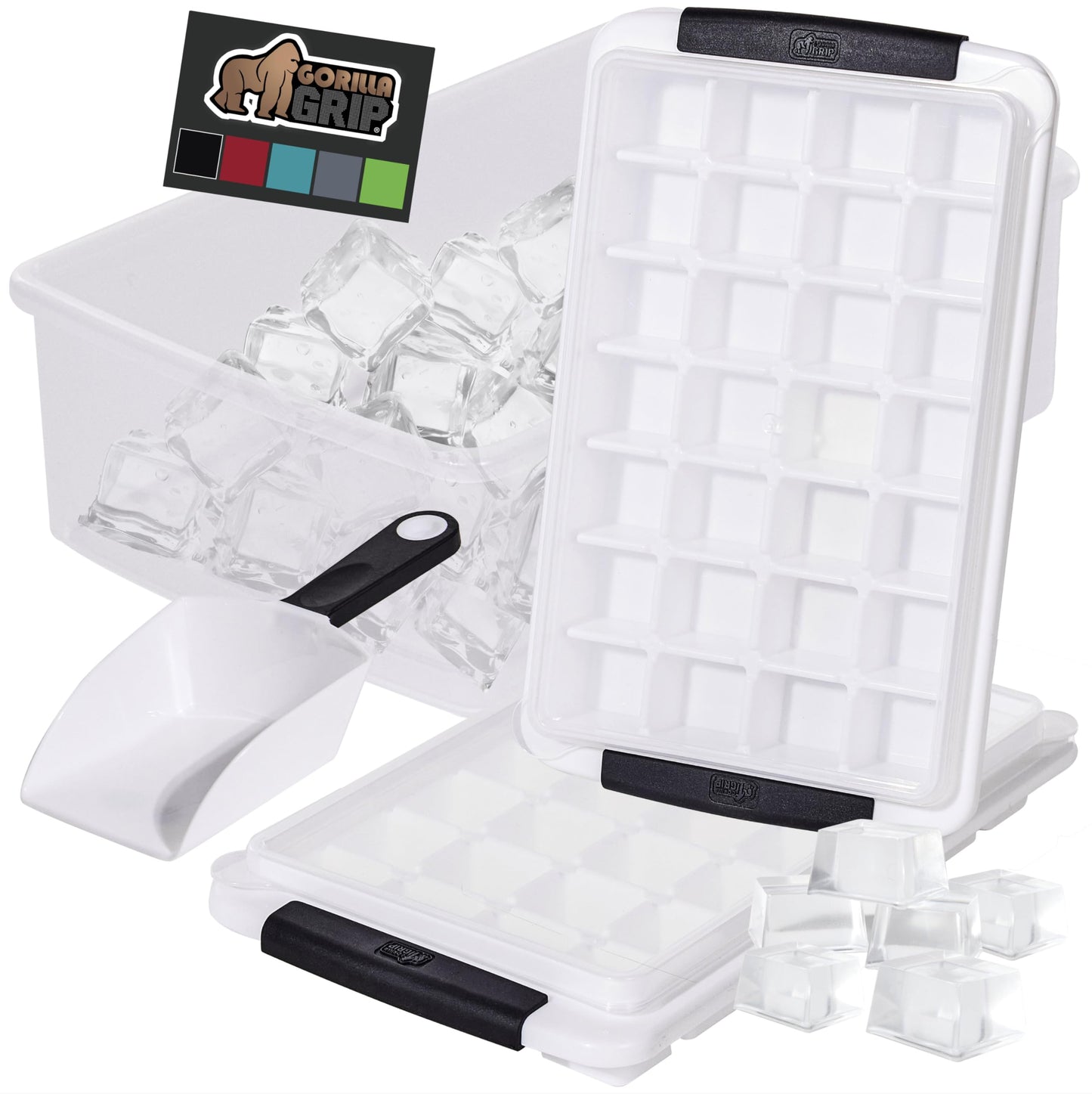 GORILLA GRIP BPA-Free Easy Release Ice Cube Tray for Freezer, Make Lots of Ice, 56 Cubes Total, Kit Includes 2 Stackable Leakproof Trays with Lid and Soft Handle Grips, Scooper, Bin, For Coffee, Black