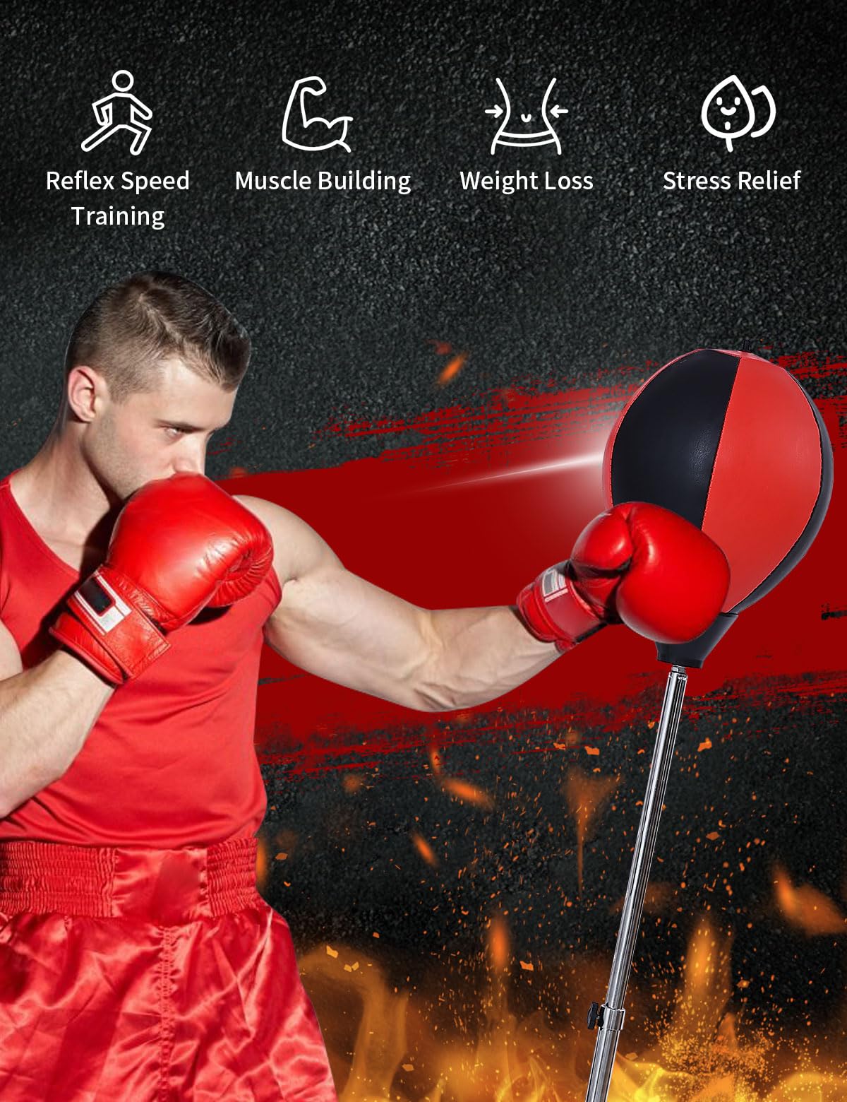 Stiatu Punching Bag with Stand, Heavy Boxing Bag Height Adjustable Reflex Bar and Speed Punching Bag for Adults & Youth, Home Gym Training Equipment for MMA Fitness Stress Relief (Red)