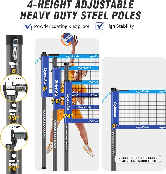 Outdoor Portable Volleyball Net Set for Backyard Beach with Adjustable Heavy Duty Poles, Durable Net, PU Volleyball & Pump, Carry Bag