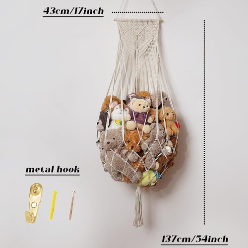 Amdermi Stuffed Animal Hammock - Boho Macrame Wall Organizer for Plush Toy Storage | Cream Color