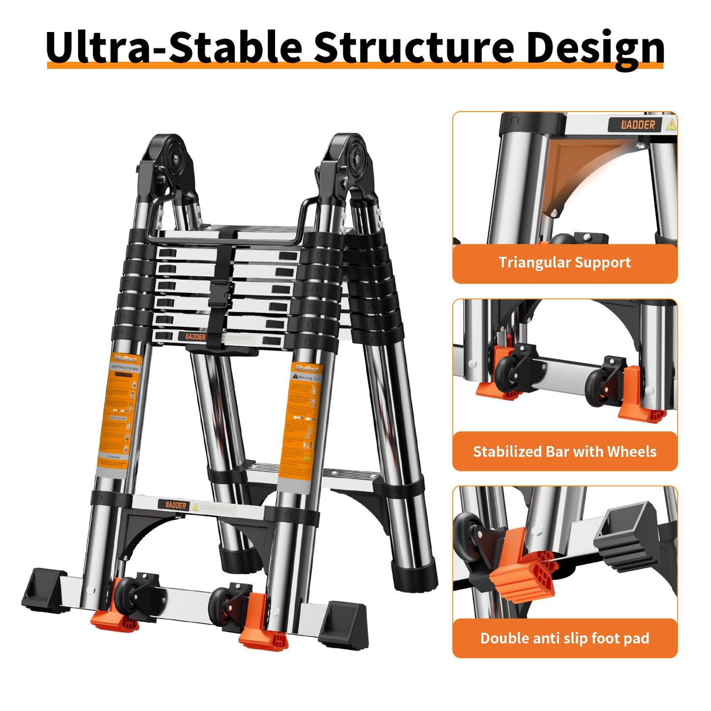 Telescoping Ladder A Frame,Telescopic Ladder for Home, Roof, RV，12.5 Ft Stainless Steel Extension Ladder with Balance Bar,Wheels and 2 Triangle Stabilizers，330 lb Capacity (12.5FT-A Frame)