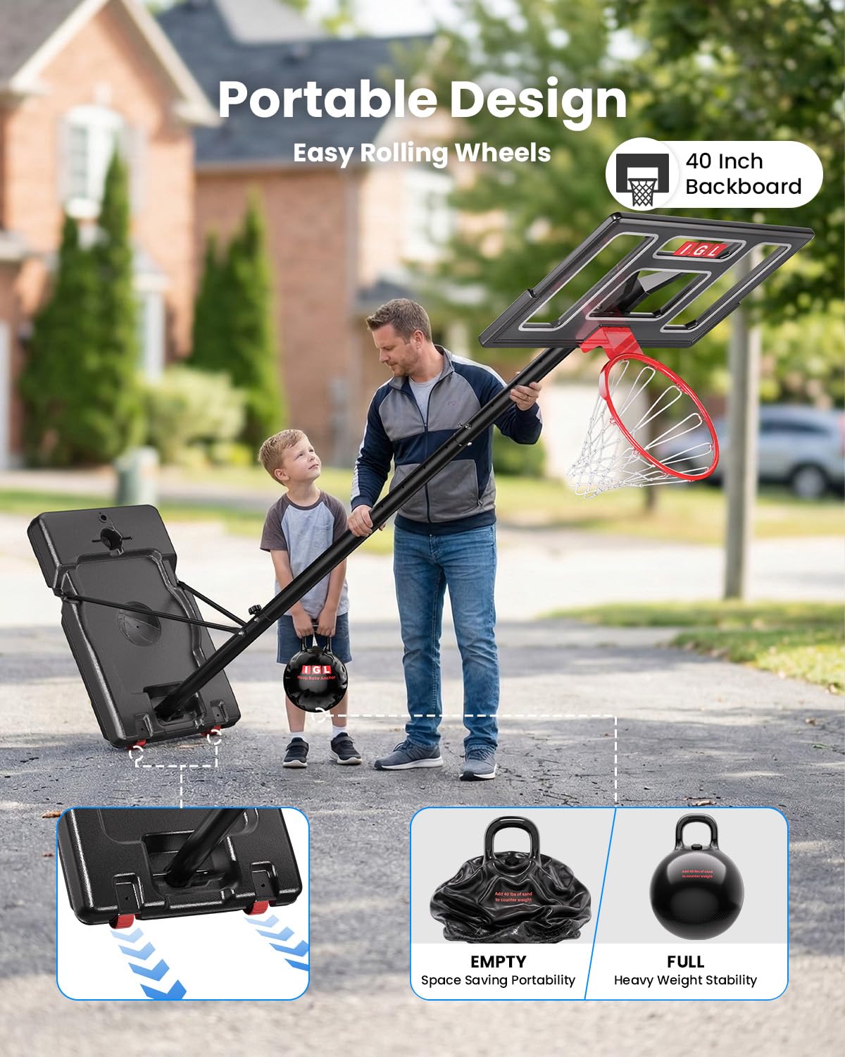 IGL Portable Basketball Hoop Outdoor, 3-10ft Adjustable Height, 40" Shatterproof Backboard, Fillable Base, Basketball Goal System for Driveway Backyard Pool, Fun for Family & All Ages