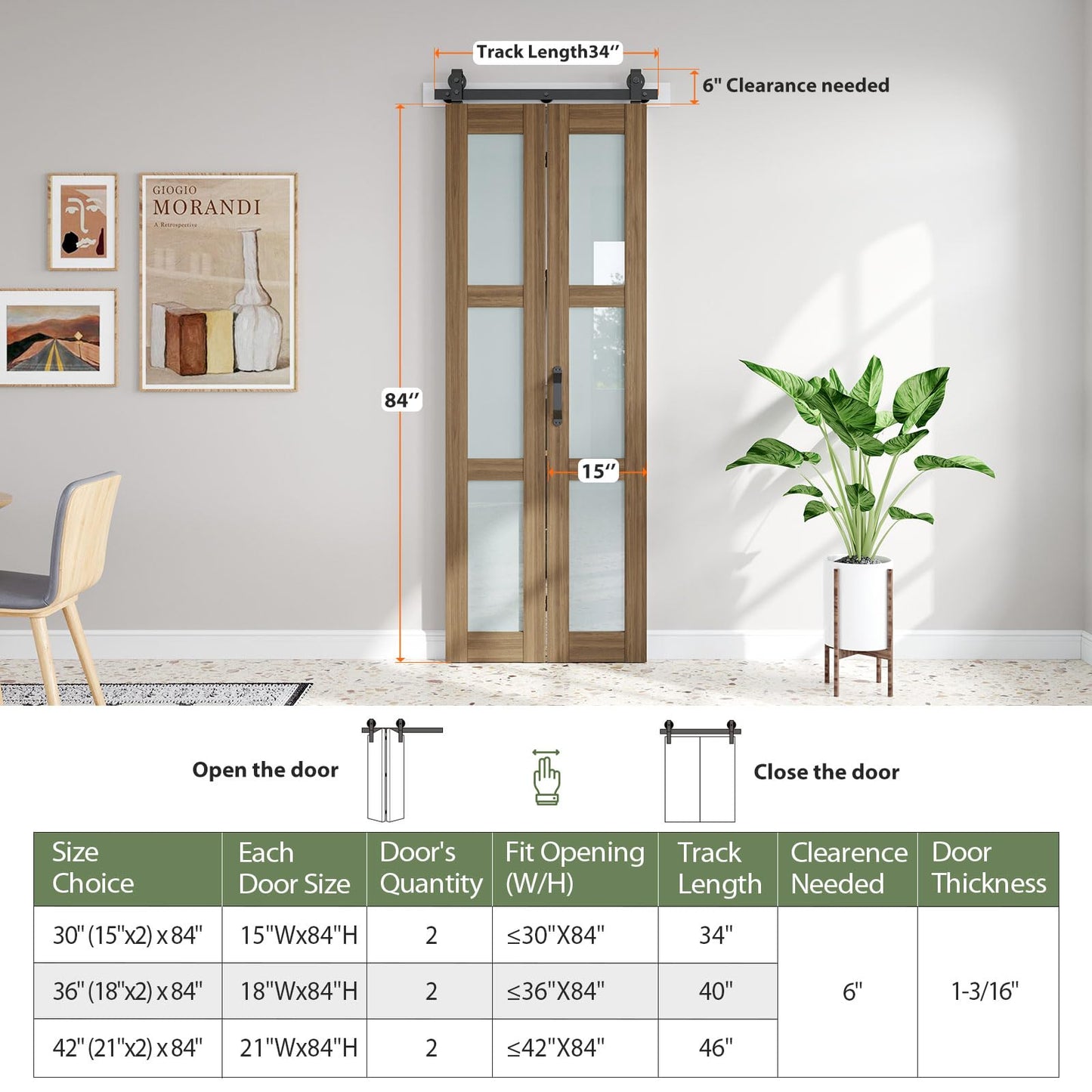 FREDBECK Bifold Barn Doors 30X84 (Double 15x84) with Frosted Glass and Hardware Kit Included, Brown,for Bedroom,Bathroom,Assembly Required