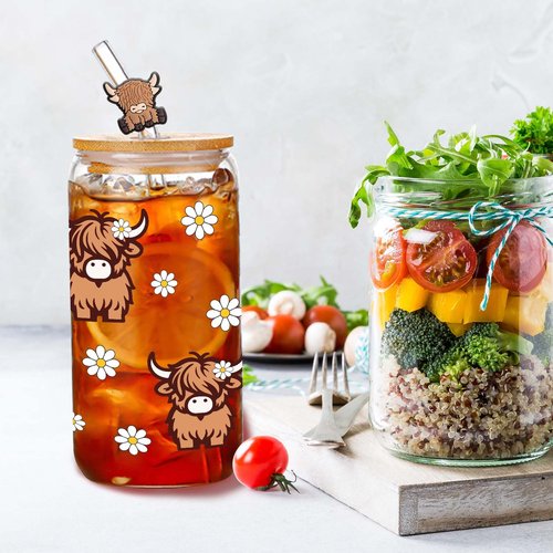 Highland Cows Gifts for Women Highland Cow Lovers Decor Print Stuff Coffee Cup with Cow Straw - Cute Coffee Cups/Tumbler Christmas Birthday Gifts for Women Girls, Glass Cup with Lid and Straw 16oz