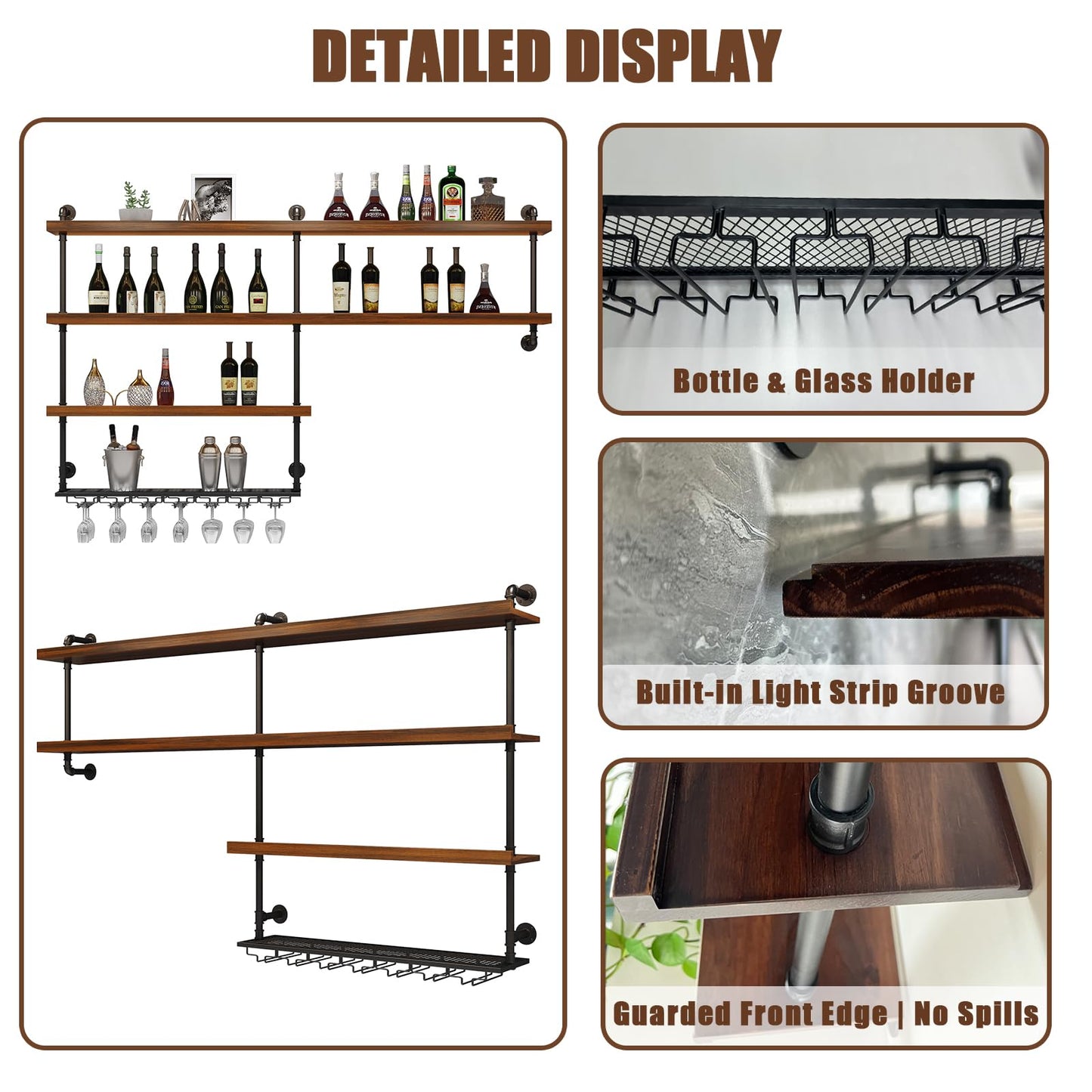 Solid Wood Wall Mounted Wine Rack, Large Wine Rack with LED Light, 4 Tiers Liquor Bottles Floating Shelves with Glass Holder, Industrial Bar Shelves for Home Bar Dining Room(78.7 in/ 200CM)