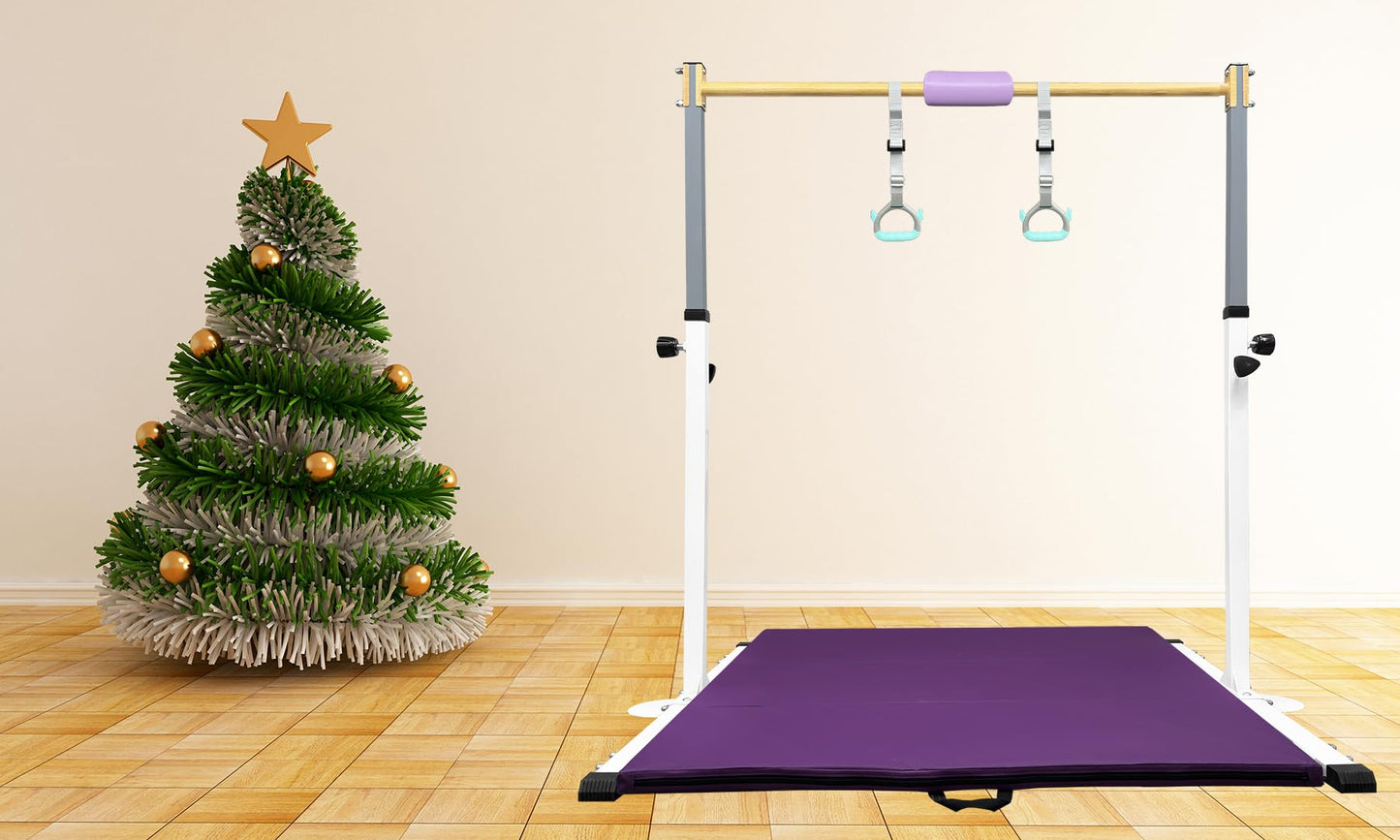JOYSFIT Adjustable Gymnastics Bar for Kids with Mat - Sturdy Kip Bar with Rings, Horizontal Bar for Home Training, 3'-5' Height, Ages 3-15, 250 LBS Capacity, Easy Assembly.