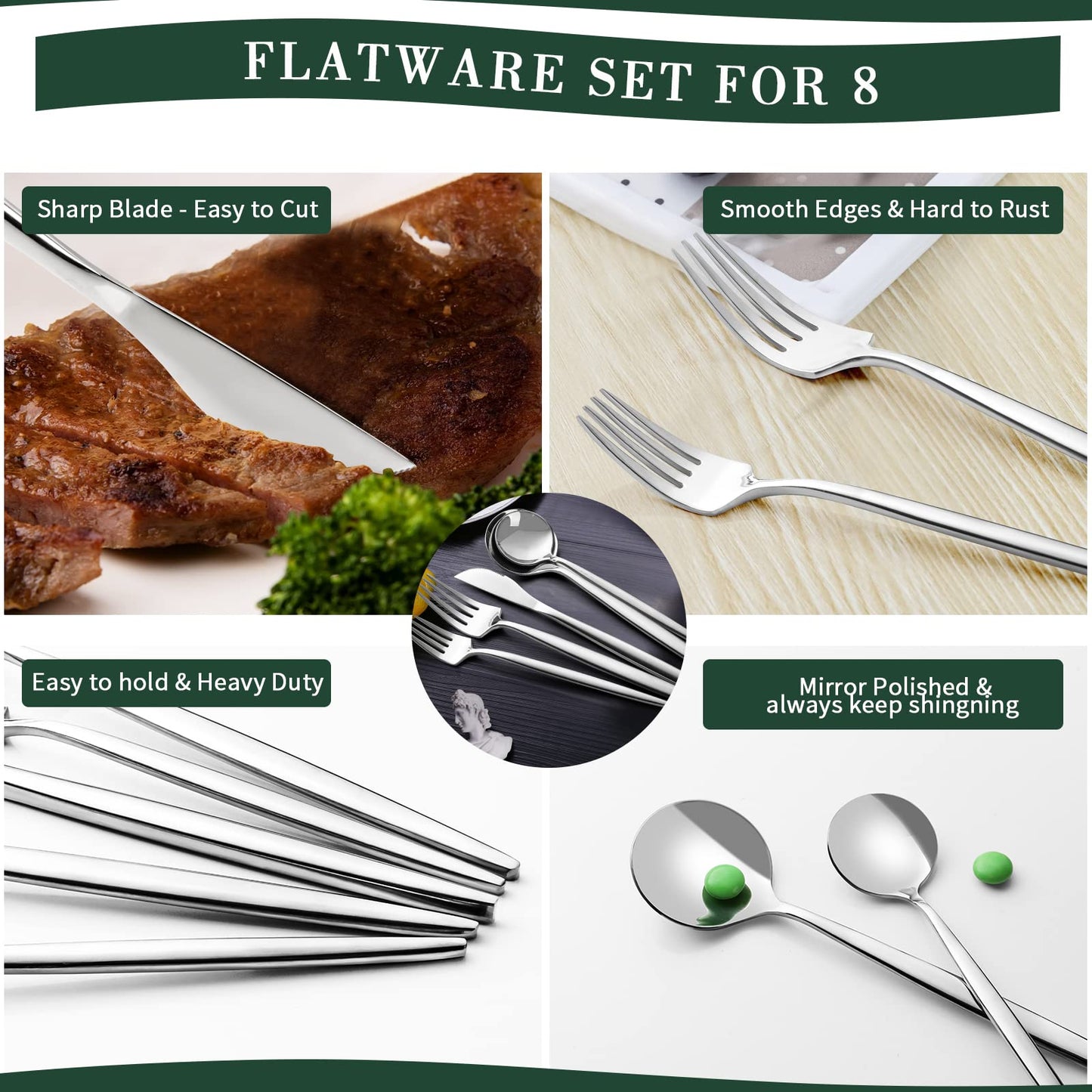 40-Piece Silverware Set for 8, CEKEE Stainless Steel Flatware Cutlery Set Included Knife Spoon and Fork, Kitchen Utensils Set for Home Hotel Wedding Restaurant - Mirror Polished & Dishwasher Safe