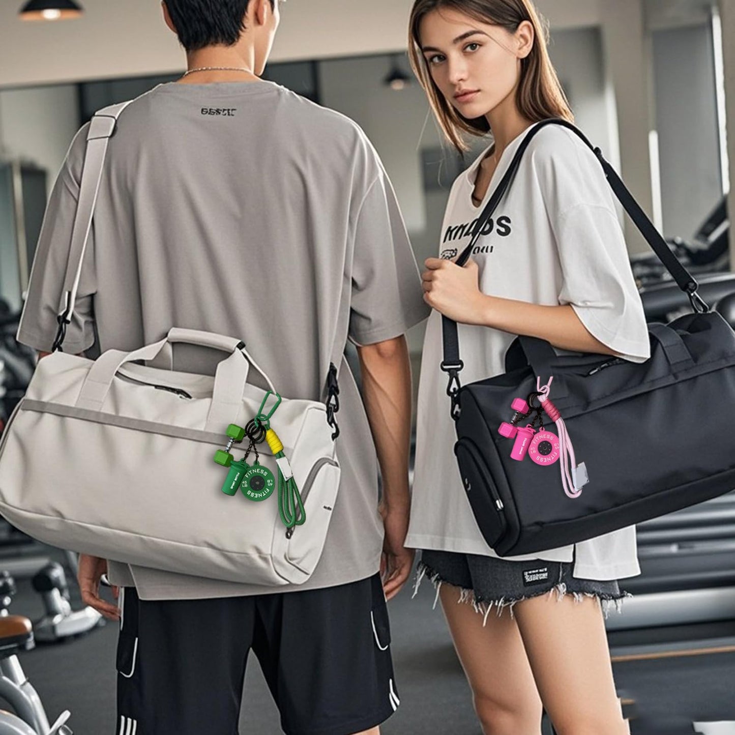 Eagyrosi Bottle and Dumbbell Keychain with Weight Plate - Adorable Gym Accessories, Unisex Bag Charms in Vibrant Colors (Black)