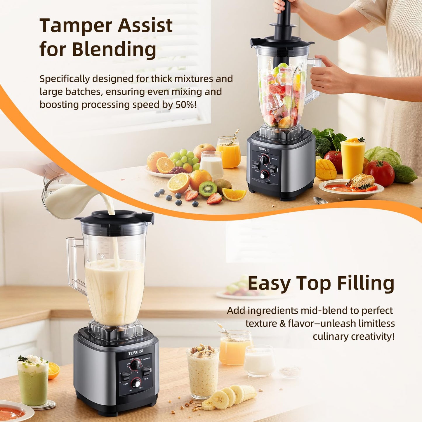 TERUISI 210 Oz / 6 L Commercial Blender, Heavy Duty Industrial Blender with Adjustable Speed & Timer Function, 2200W Countertop Blender with 23000RPM for Ice Crushing, Frozen Drinks, Milkshakes, Puree