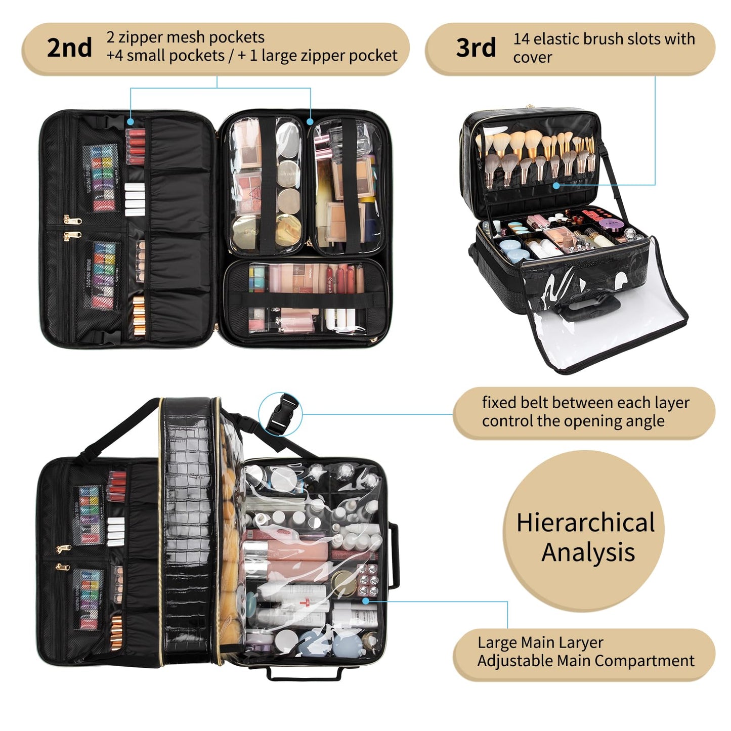 OCHEAL 18 Inch Rolling Makeup Train Case, Extra Large Travel Cosmetic Organizer Storage Trolley with Wheels, 3 Layers & 3 Travel Makeup Bags Carry On for Hairstylist Cosmetology Artist