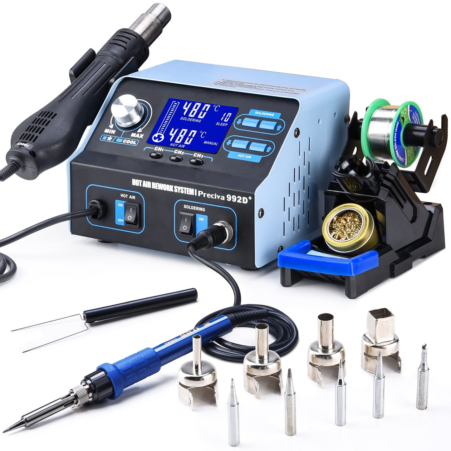 Preciva 992D+ 2-in-1 Soldering & Hot Air Rework Station with LCD, Memory Presets, Sleep, Calibration | Includes Soldering Iron, Hot Air Gun, 5 Tips, 4 Nozzles, IC Tools, Solder Wire | °C/ºF (992D+)
