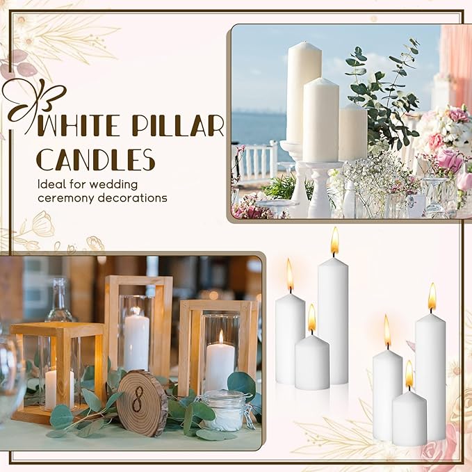 72PC White Pillar Candles Bulk 2 in x 3, 6, 8 Inch Long Burning Wax Pillar Candles Unscented Smokeless Dripless for Wedding Centerpieces Spa Lantern Fireplace Home Festival Party Decor