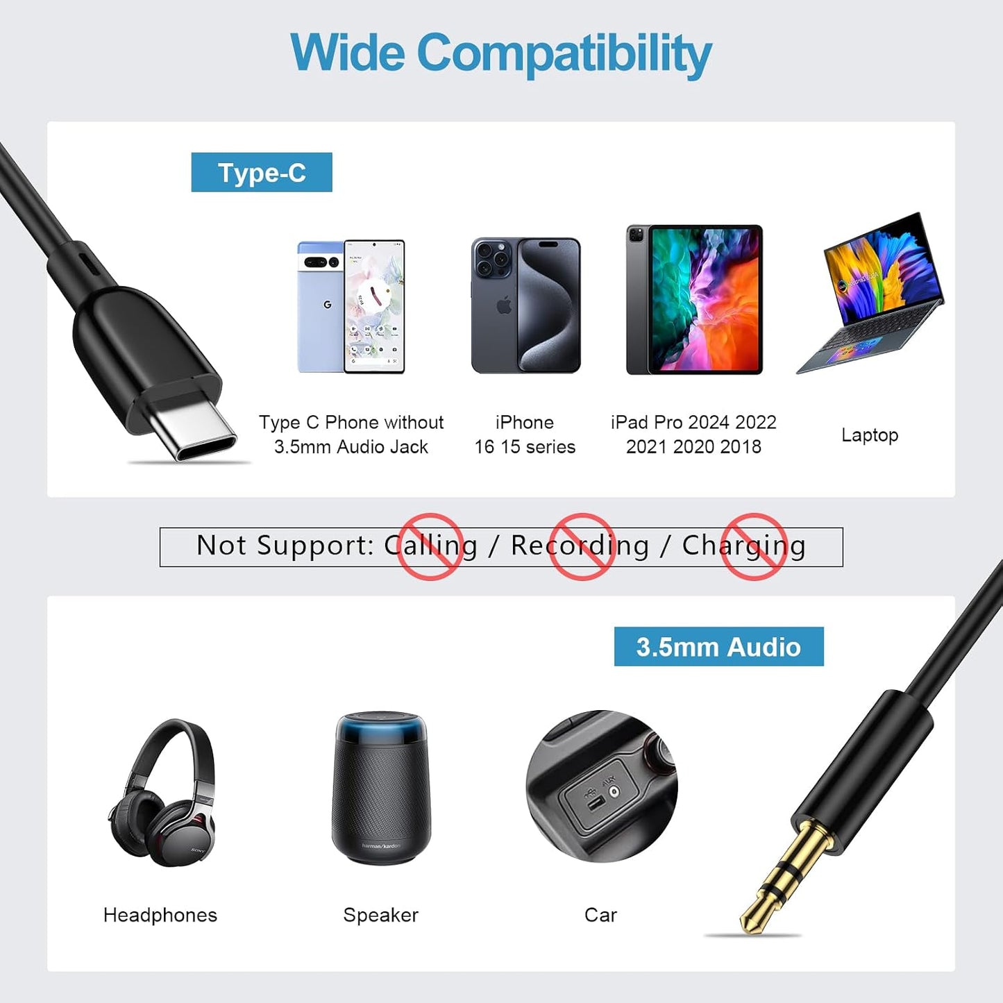 2 Pack 3.3ft 3.5mm A17 S25 S24 A16 5G A35 7 7 6, Aux Cord for Car, USB C to Audio Aux Jack Cable for Samsung Galaxy