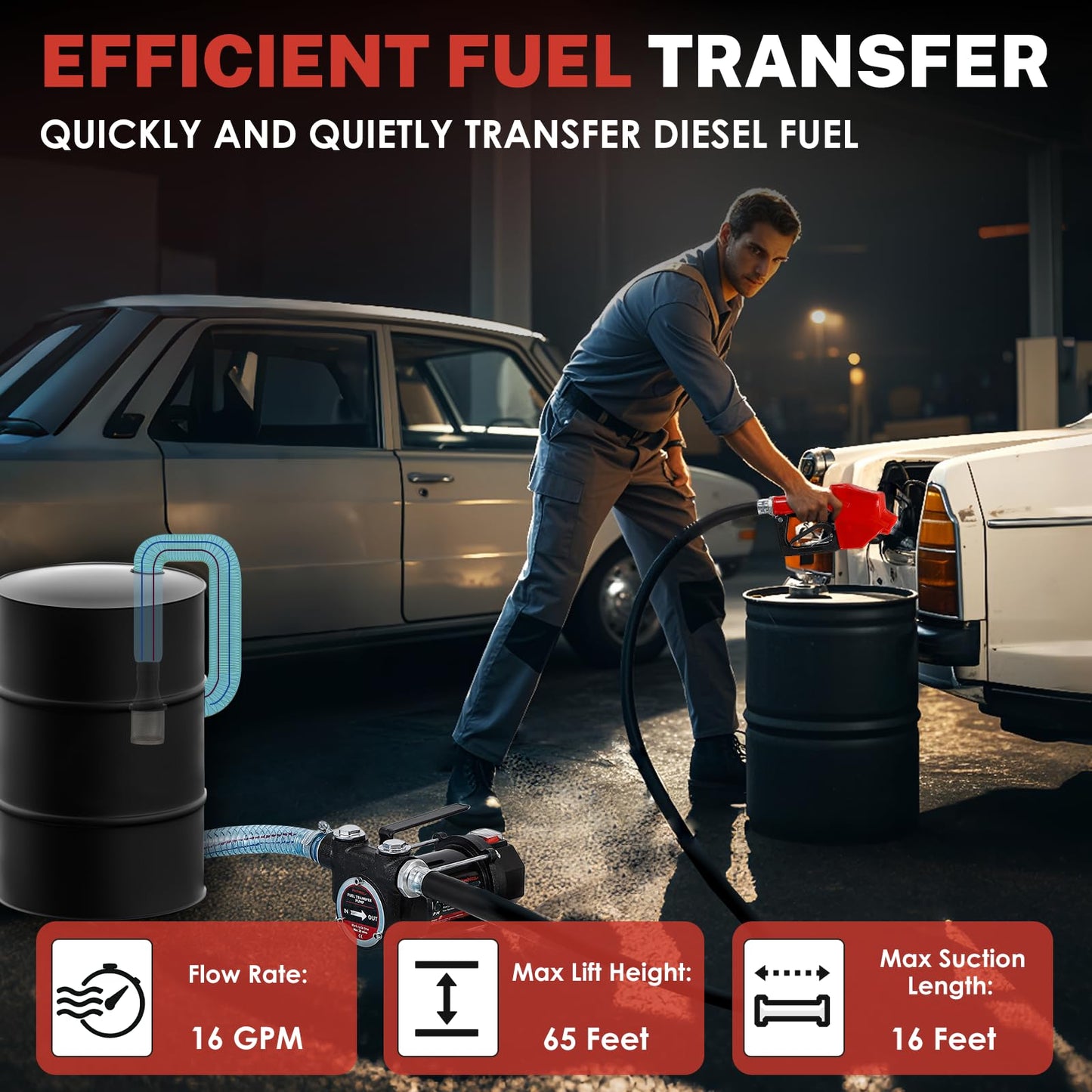 Poafamx 16 GMP Diesel Transfer Pump, 12V DC Fuel Transfer Pump Kit with Nozzle Hoses, Self Priming Electric Oil Transfer Pump with High Flow Rate Auto Motor for Diesel Oil