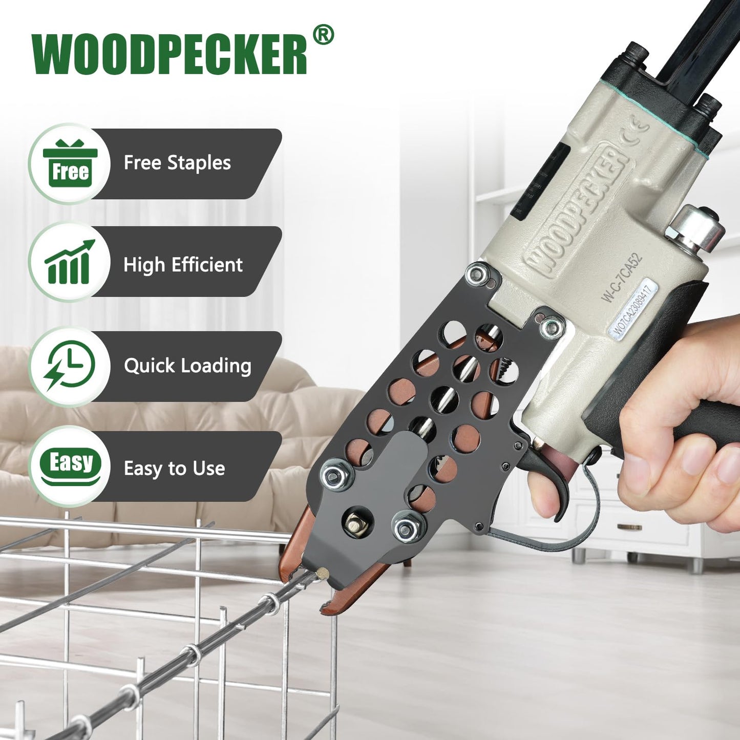 Woodpecker C-7CA 15 Gauge Pneumatic Hog Ring Gun Kit, 3/4" Crown Air Hog Ring Pliers, with1000PCS Hog Ring Staples for Cages, Fencing, Car Seats & Mattress (4.8-7mm Closure)