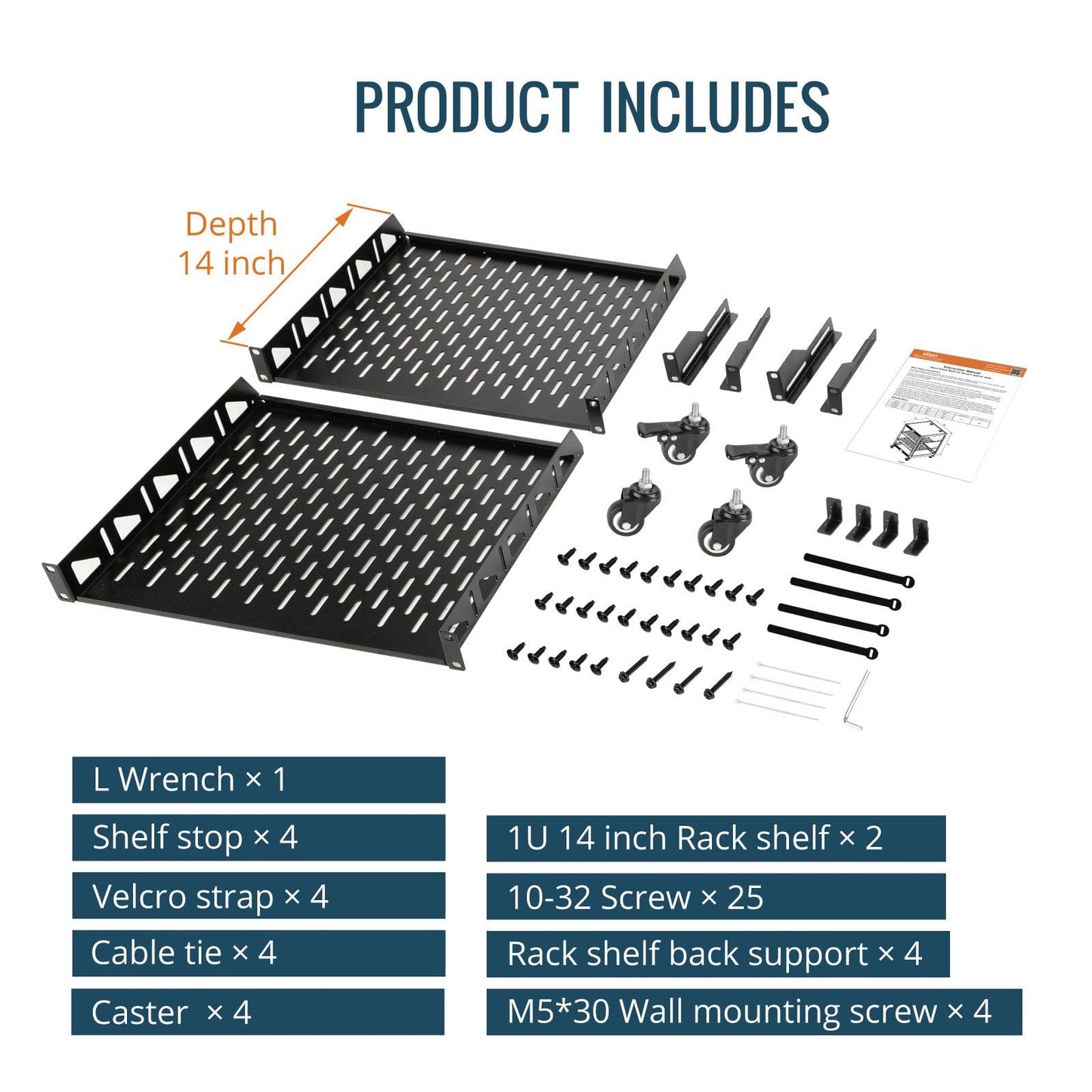 TECMOJO 12U Open Frame Network Rack for IT & AV Gear, 4-Post With Casters, Mobile With 2 PCS 1U Server Shelf & Mounting Hardware, for 19" Network, Audio and Video Device