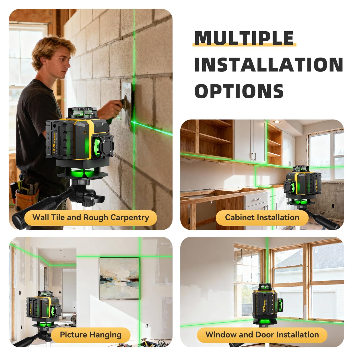 16 Lines Laser Level with Tripod - 360° Cross Line Laser with Tripod, 4D Green Laser Level, 4x360 Self Leveling Tool for Picture Hanging, Home Renovation, Indoor Project, 2 Batteries Included