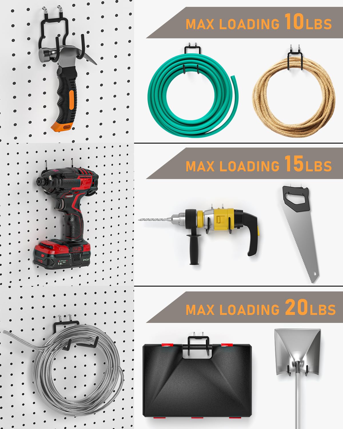 INCLY 10 Pack Heavy Duty Pegboard Hooks, 1/4" Pegboard Drill Holder Tool Utility Hooks, Peg Board Tool Hangers Accessories for Hanging Power Tools, Drill, Hammer, Workbench, Garage