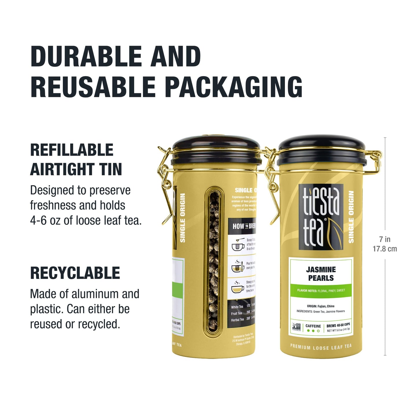 Tiesta Tea - Jasmine Pearls Green Tea, Loose Leaf, Single Origin Premium Jasmine from China, Medium Caffeinated, Makes Hot or Iced & Up to 50 Cups, 100% Pure Unblended, 5oz Refillable Tin