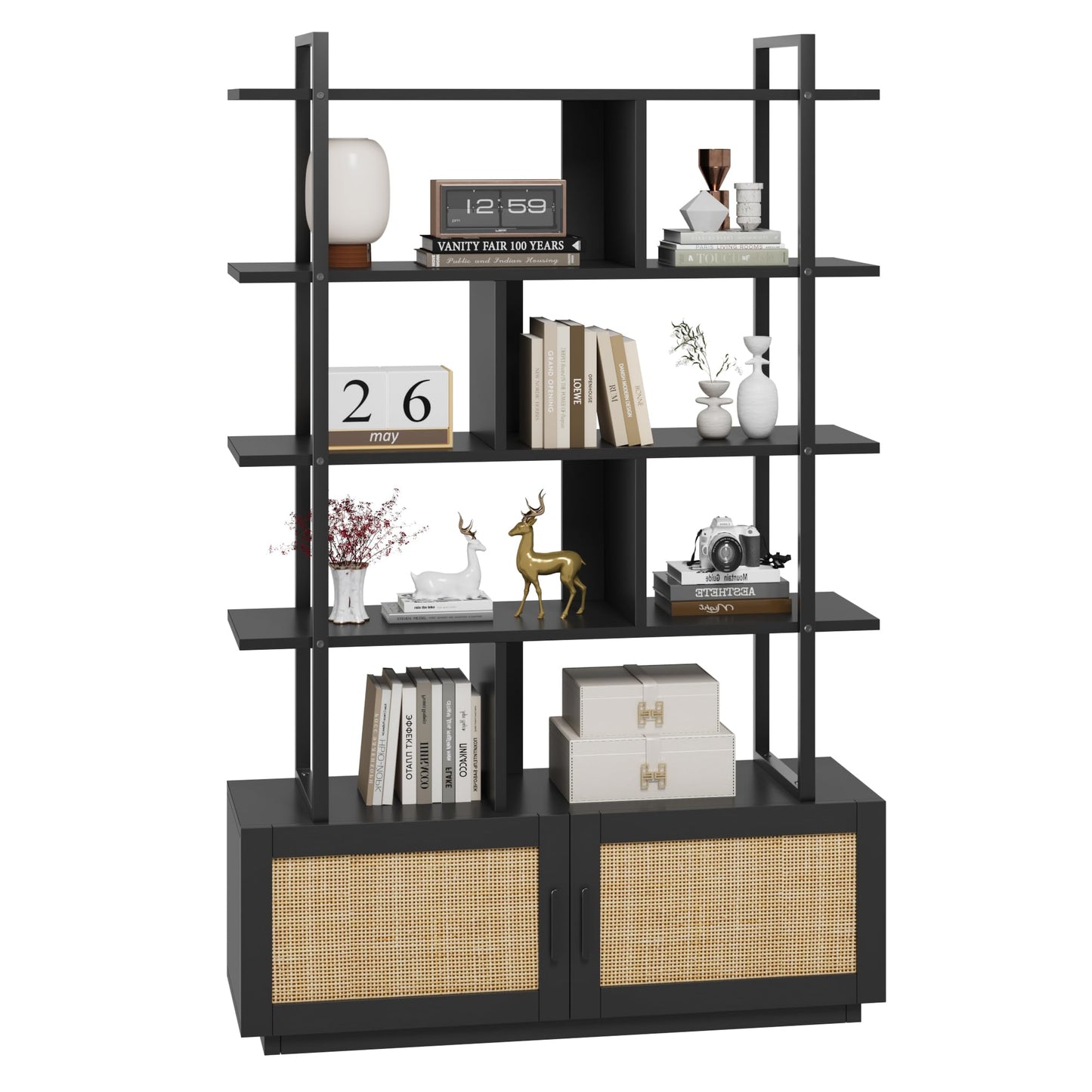 CABIHOME 5 Tier Rattan Bookshelf with Storage Cabinet & Door, 71.1 Inch Tall Industrial Book Shelf with Open Display Shelves, 5 Shelf Bookcase with Metal Frame for Living Room, Bedroom (Black)