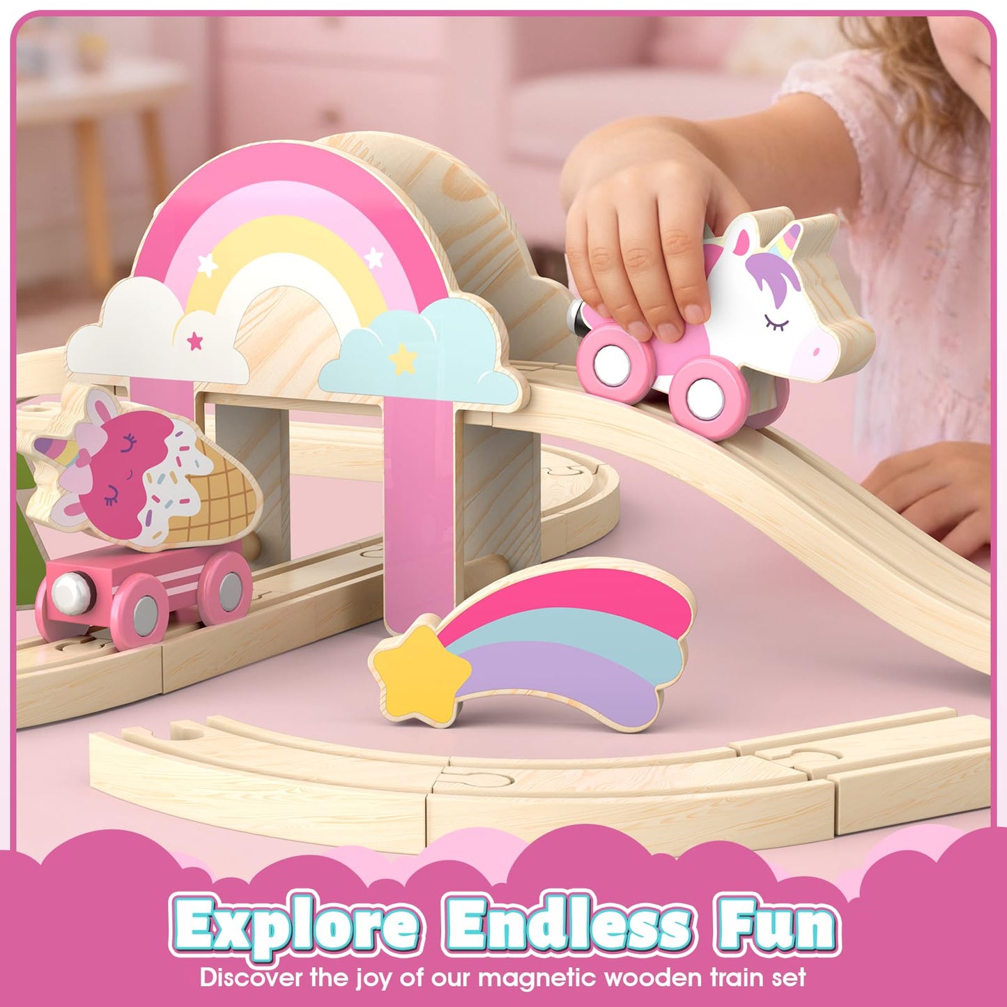 Lehoo Castle Wooden Train Set - Unicorn Train Set for Toddlers 2-4, Wooden Train Track Toddler Girl Toys, Pink Train Fantasy Toys for 3 4 5 6 7 Year Old Girl